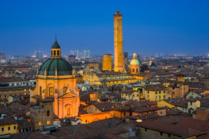Night skyline of Bologna, Italy with two famous leaning towers Night skyline of Bologna, Italy with two famous leaning towers